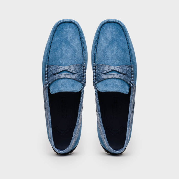 Zelli Monza Suede & Caiman Crocodile Driving Shoes in Denim