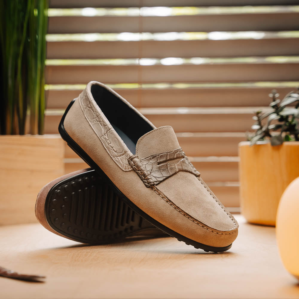 9 Zelli Monza Suede & Crocodile Driving Shoes Sand (31-160-SND)
