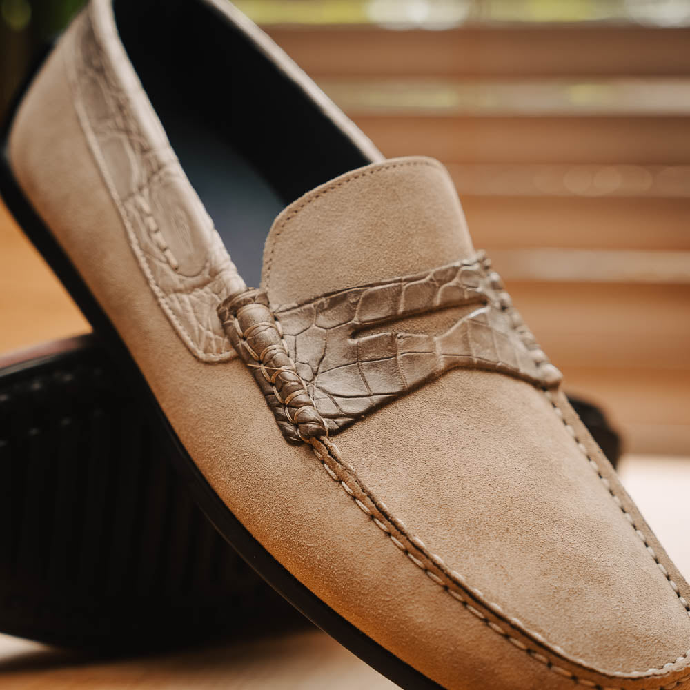 ◻︎美品◻︎SHOE&SEWN ◻︎ Jan◻︎25cm◻︎レザー 9 Zelli Monza Suede & Crocodile Driving Shoes Sand (31-160-SND)