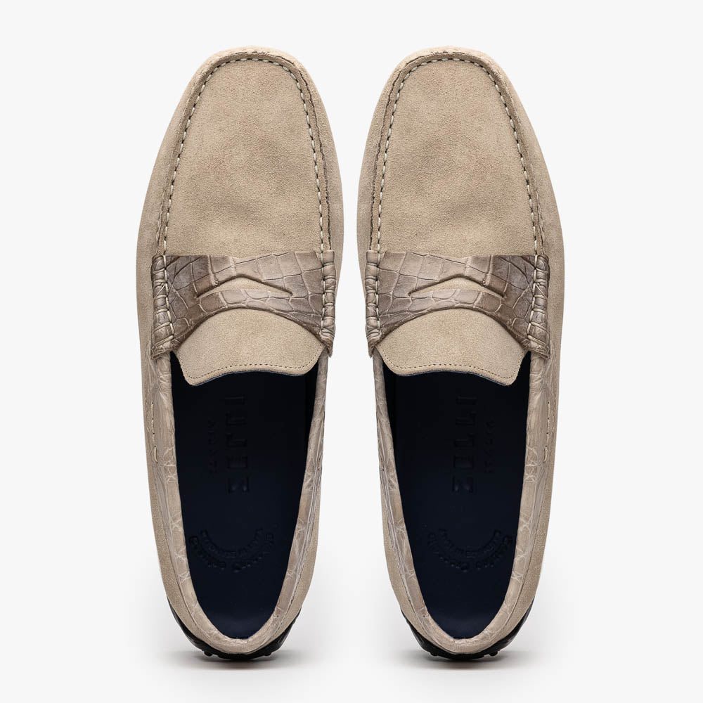 Zelli Monza Suede and Genuine Crocodile Driving Loafers in Sand