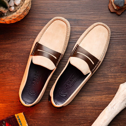 Zelli Monza Suede & Calfskin Driving Loafers in Bone / Chestnut