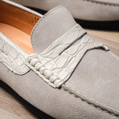Zelli Monza Suede and Caiman Crocodile Driving Loafer in White