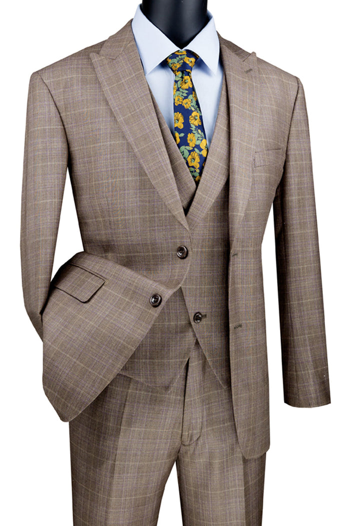 Mens 2 Button Vested Peak Lapel Plaid Suit in Tan - Image 9