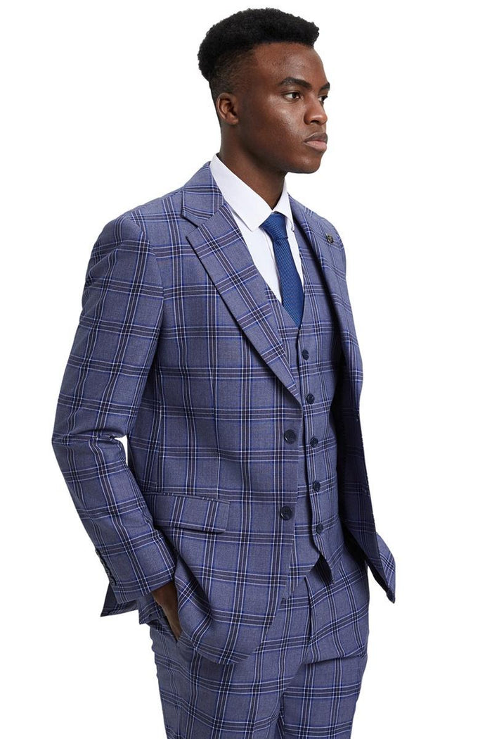 Men's Stacy Adams Two Button Vested Glen Plaid Check Suit in Light Purple Lavender - Image 3