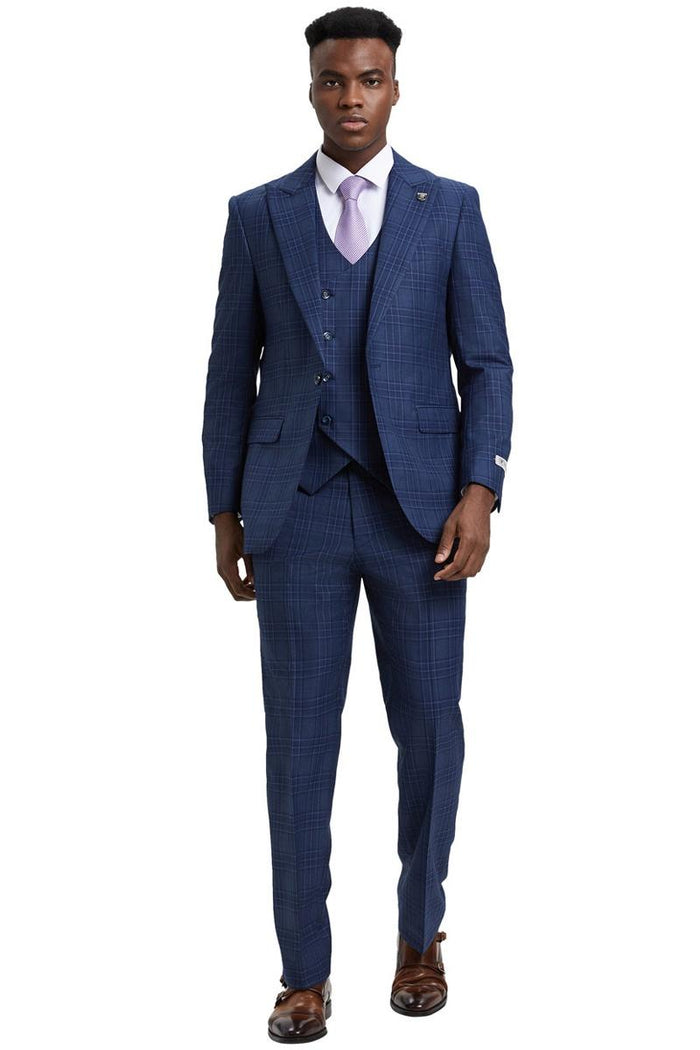 Men's Stacy Adams One Button Peak Lapel Double Breasted Vest Suit in Blue & Purple Plaid - Image 3