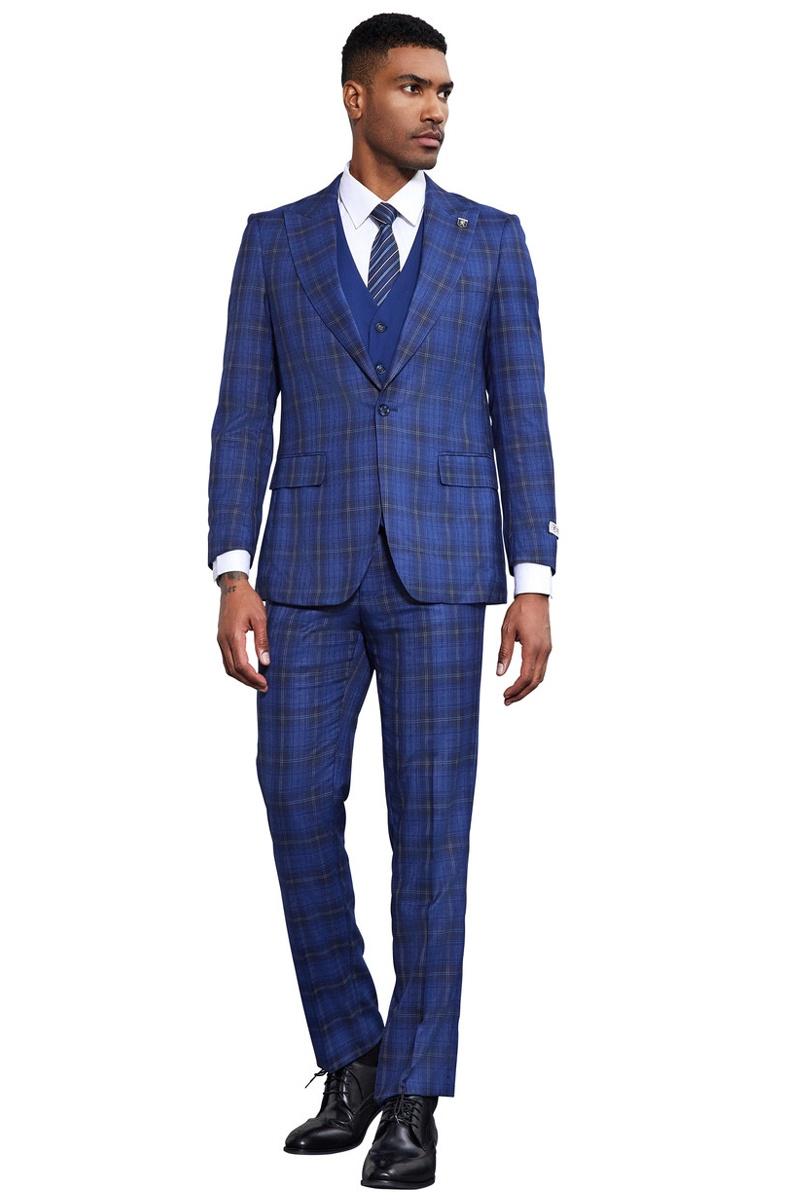 Men's Stacy Adams Bold Windowpane Plaid Print Vested Suit in Midnight Blue - Image 2