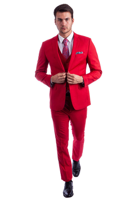 Graduation Suit - Men's Two Button Slim Fit Vested Solid Basic Color Suit in Red