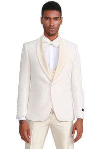 Graduation Suit - Men's One Button Vested Paisley Prom & Wedding Tuxedo with Satin Vest and Pants in Ivory