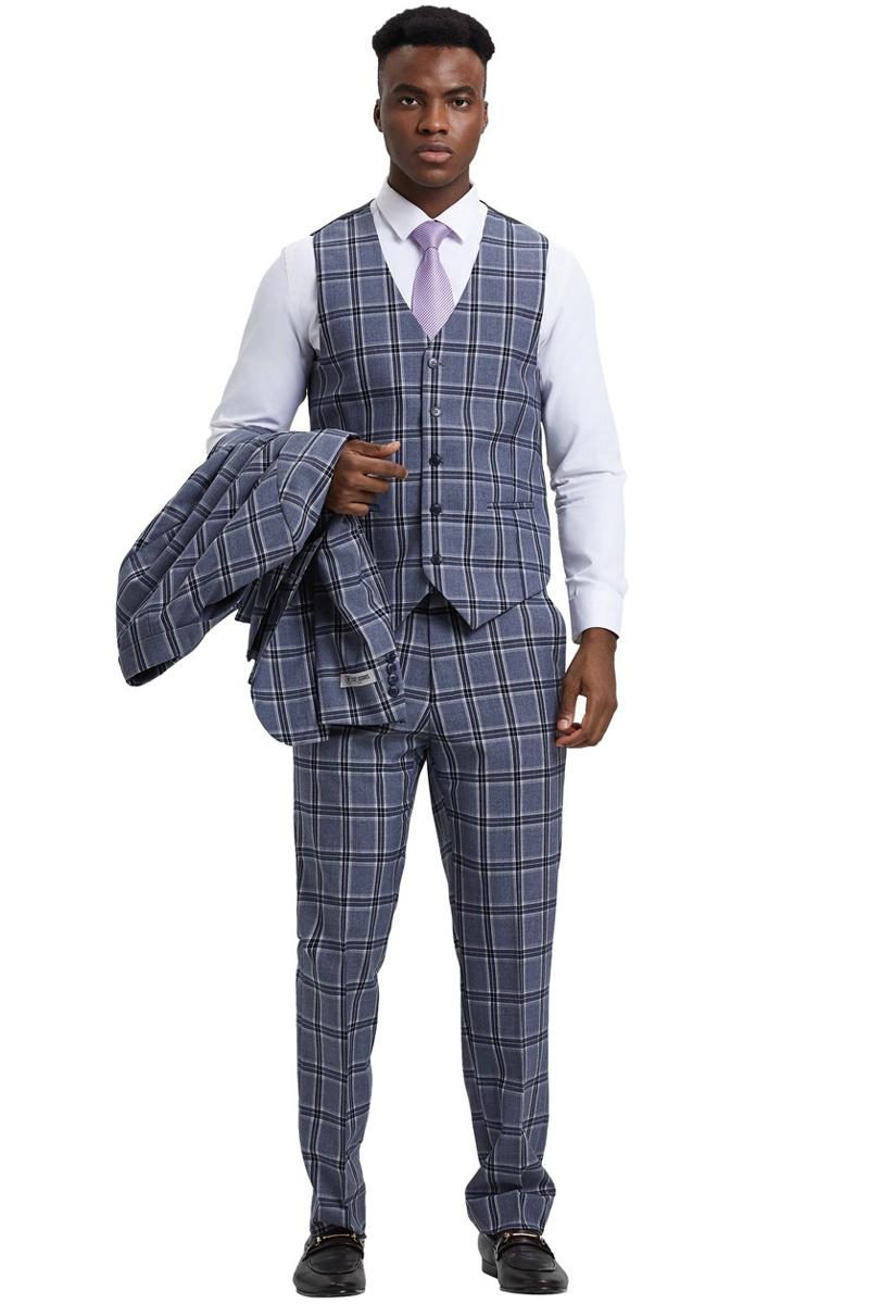 Men's Stacy Adams Two Button Vested Glen Plaid Check Suit in Grey - Image 4