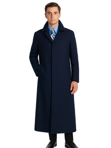 Navy Blue Men's Full Length Wool Overcoat Belted Wool Overcoat