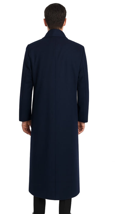 Navy Blue Men's Full Length Wool Overcoat Belted Wool Overcoat