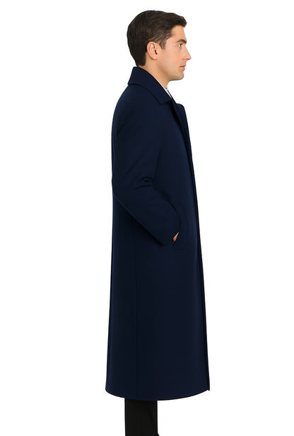 Navy Blue Men's Full Length Wool Overcoat Belted Wool Overcoat