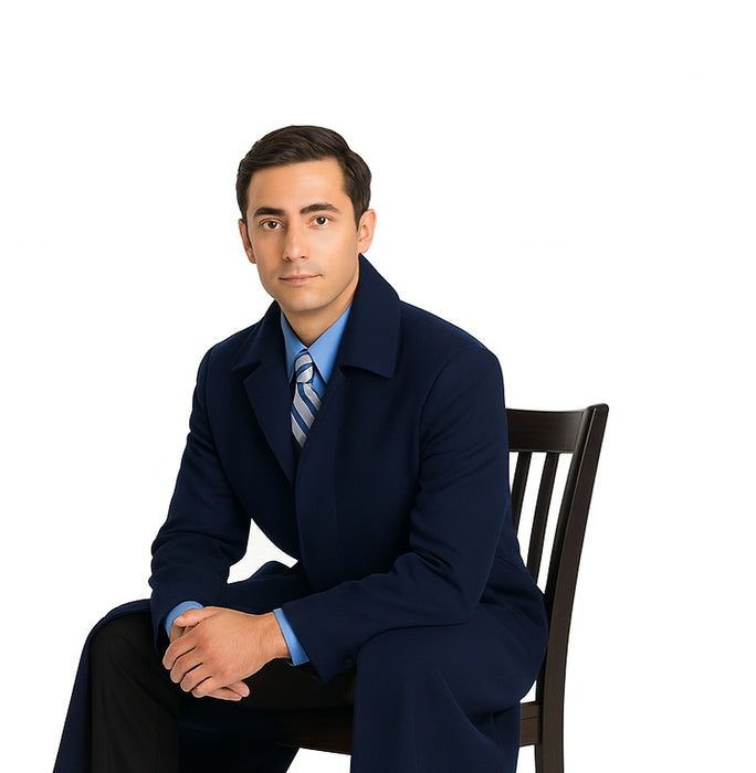 Navy Blue Men's Full Length Wool Overcoat Belted Wool Overcoat
