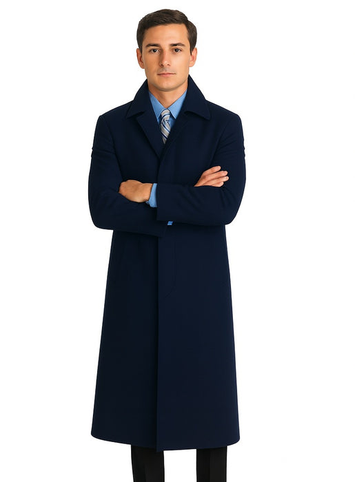Navy Blue Men's Full Length Wool Overcoat Belted Wool Overcoat