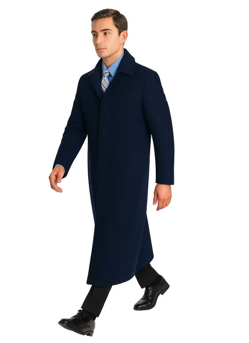 Navy Blue Men's Full Length Wool Overcoat Belted Wool Overcoat