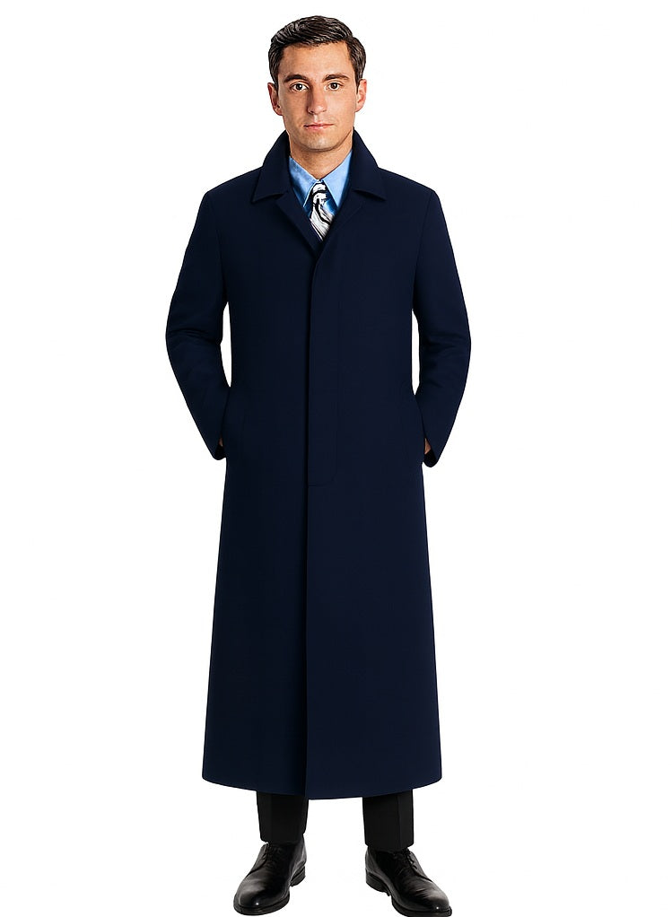 Navy Blue Men's Full Length Wool Overcoat Belted Wool Overcoat