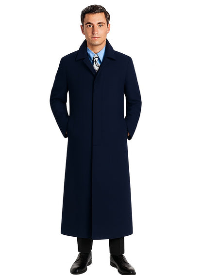 Navy Blue Men's Full Length Wool Overcoat Belted Wool Overcoat
