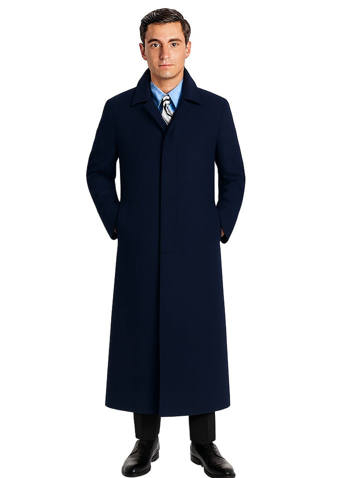 Navy Blue Men's Full Length Wool Overcoat Belted Wool Overcoat
