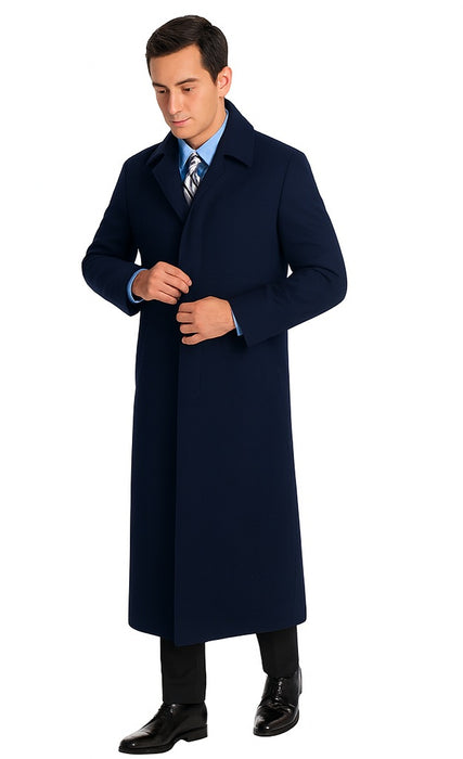 Navy Blue Men's Full Length Wool Overcoat Belted Wool Overcoat