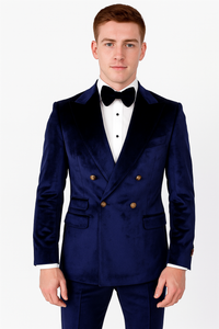 Navy Blue Velvet Double Breasted Suits - Velvet Pants - Slim Fit Suit