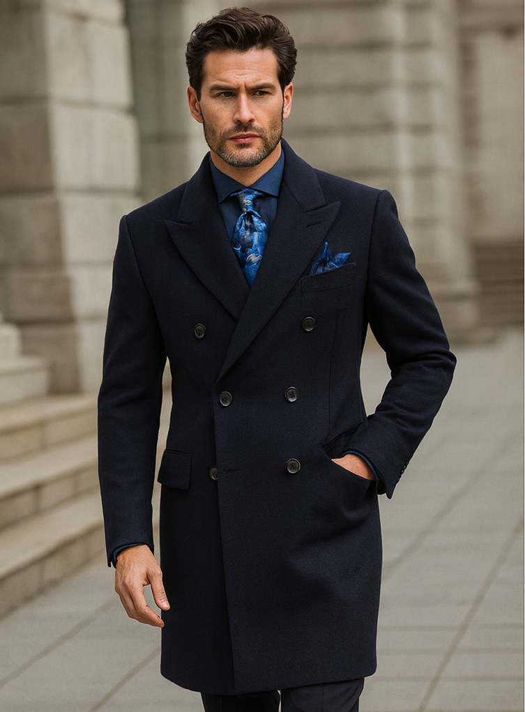 Navy Blue Wool Overcoat – Double Breasted Winter Topcoat for Men