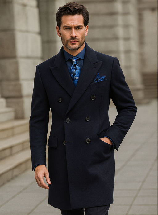Navy Blue Wool Overcoat – Double Breasted Winter Topcoat for Men