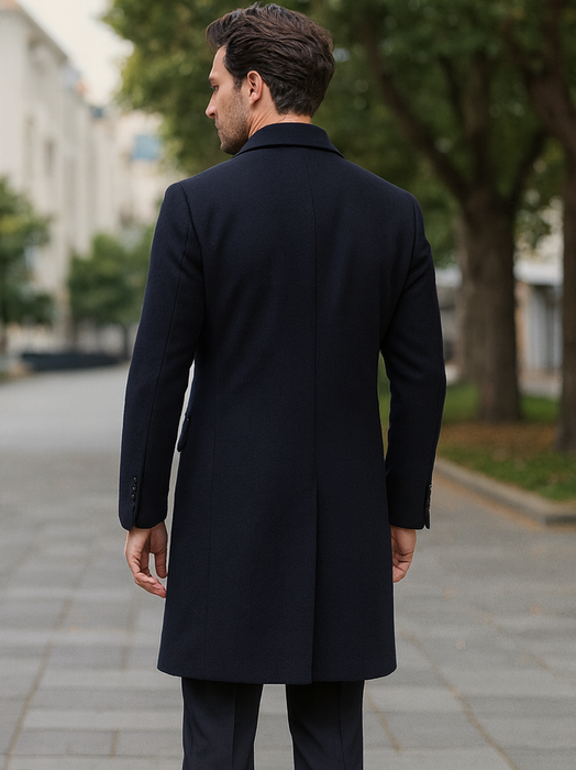 Navy Blue Wool Overcoat – Double Breasted Winter Topcoat for Men