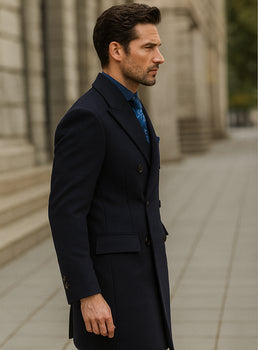 Navy Blue Wool Overcoat – Double Breasted Winter Topcoat for Men
