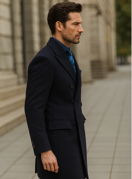 Navy Blue Wool Overcoat – Double Breasted Winter Topcoat for Men