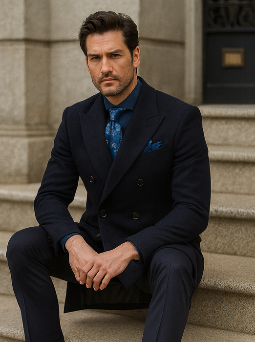 Navy Blue Wool Overcoat – Double Breasted Winter Topcoat for Men