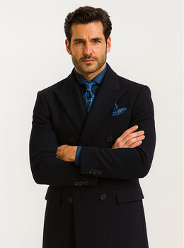 Navy Blue Wool Overcoat – Double Breasted Winter Topcoat for Men