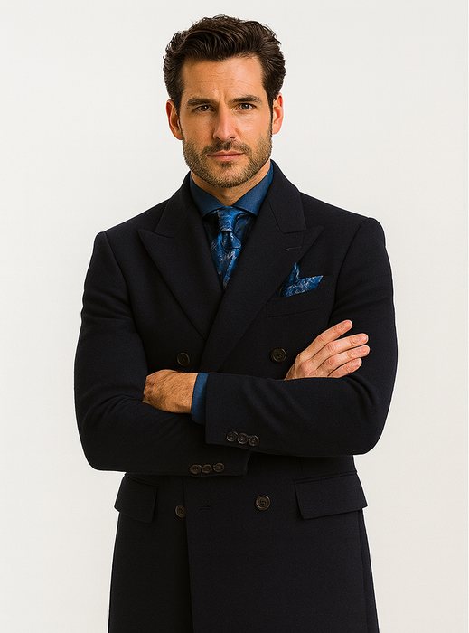 Navy Blue Wool Overcoat – Double Breasted Winter Topcoat for Men