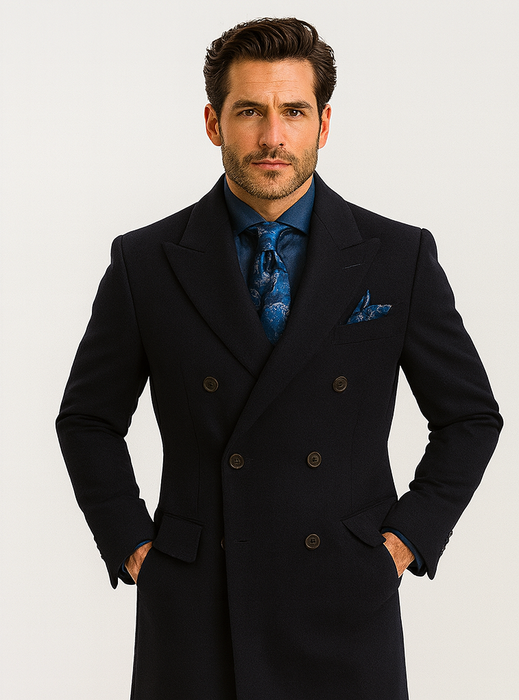 Navy Blue Wool Overcoat – Double Breasted Winter Topcoat for Men