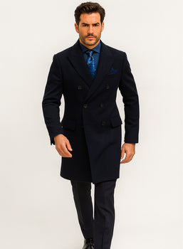 Navy Blue Wool Overcoat – Double Breasted Winter Topcoat for Men