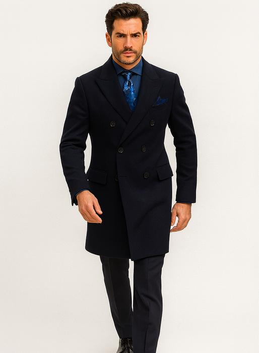 Navy Blue Wool Overcoat – Double Breasted Winter Topcoat for Men