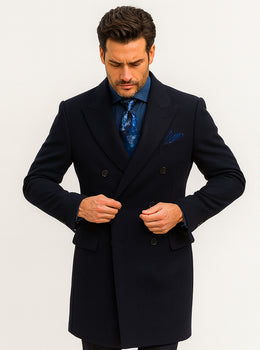 Navy Blue Wool Overcoat – Double Breasted Winter Topcoat for Men