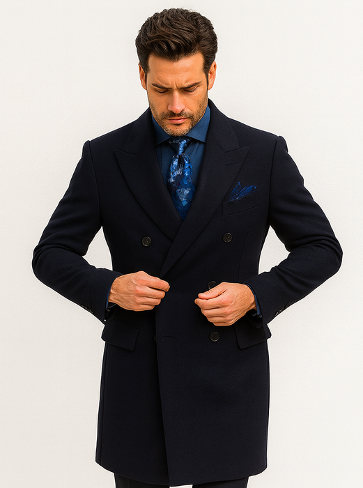 Navy Blue Wool Overcoat – Double Breasted Winter Topcoat for Men