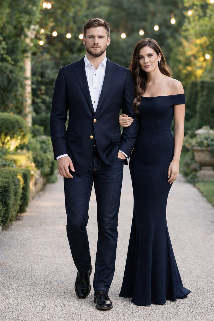 Men's Navy Blue Italian Style Blazer with Brass Buttons Classic Fit