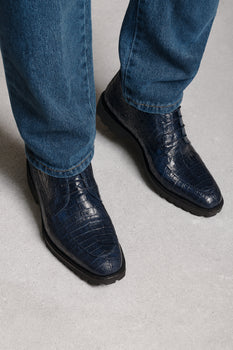 Navy Genuine Caiman Crocodile Belly Ankle Boot by Alligator Warehouse