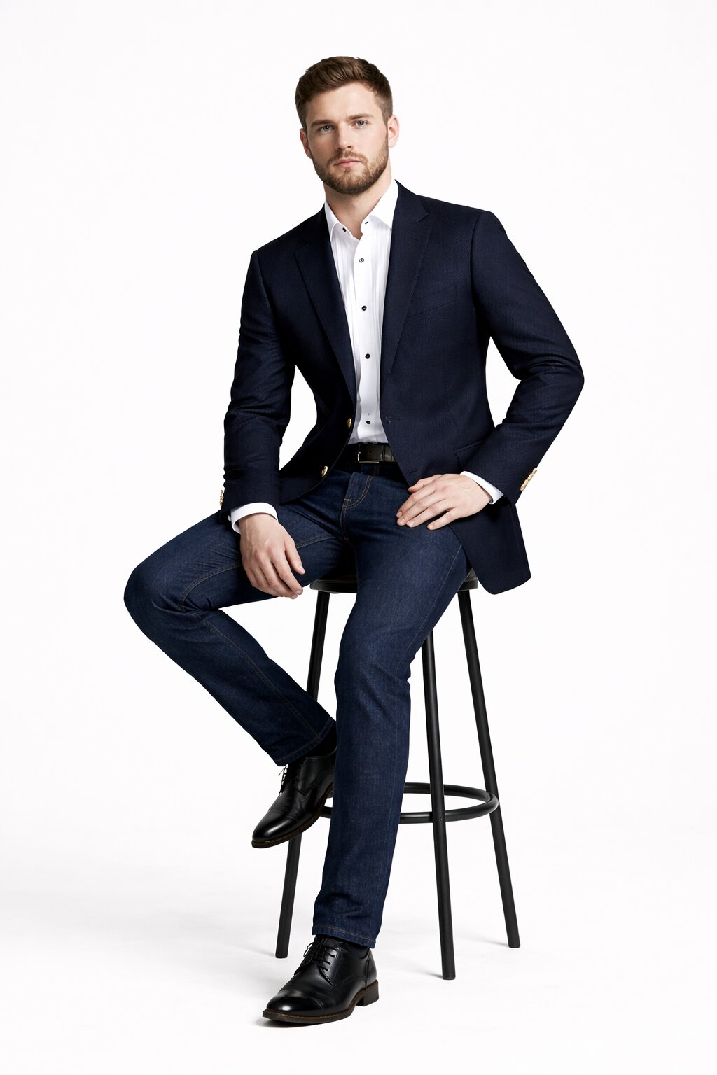 Men's Navy Blue Italian Style Blazer with Brass Buttons Classic Fit