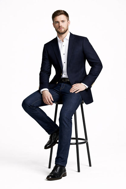 Men's Navy Blue Italian Style Blazer with Brass Buttons Classic Fit