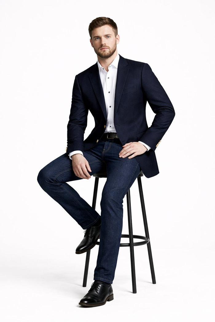 Men's Navy Blue Italian Style Blazer with Brass Buttons Classic Fit
