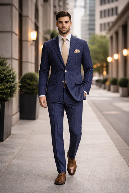 Modern Fit Summer 2 Piece 2 Button Suit Striped Seersucker in Navy
