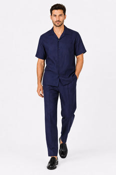 Men's Dark Navy 100% Linen Short Sleeve Plain Casual Casual Two Piece Mens Walking Outfit For Sale Pant Sets Suit With Pleated Pant - Mens Linen Suit