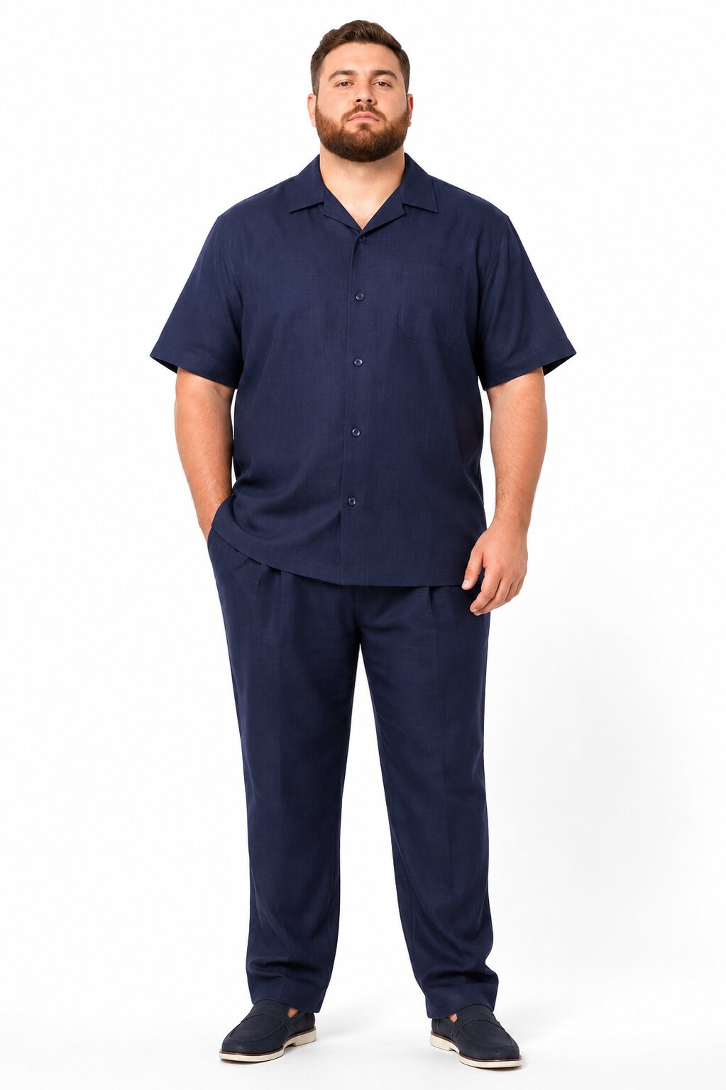 Men’s Dark Navy Linen Short Sleeve Walking Suit, Casual 2 Piece Shirt and Pleated Pants Set
