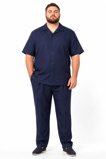 Men’s Dark Navy Linen Short Sleeve Walking Suit, Casual 2 Piece Shirt and Pleated Pants Set