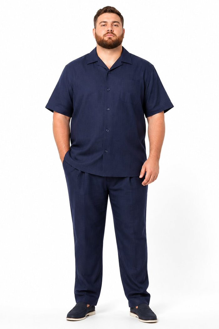 Men’s Dark Navy Linen Short Sleeve Walking Suit, Casual 2 Piece Shirt and Pleated Pants Set