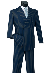 Men's navy blue double breasted pinstripe gangster suit inspired by 1920s fashion