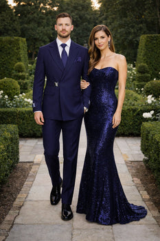 Men’s Navy Blue Double Breasted Wool Suit with Signature Buckle Closure Designer Tailored Fit