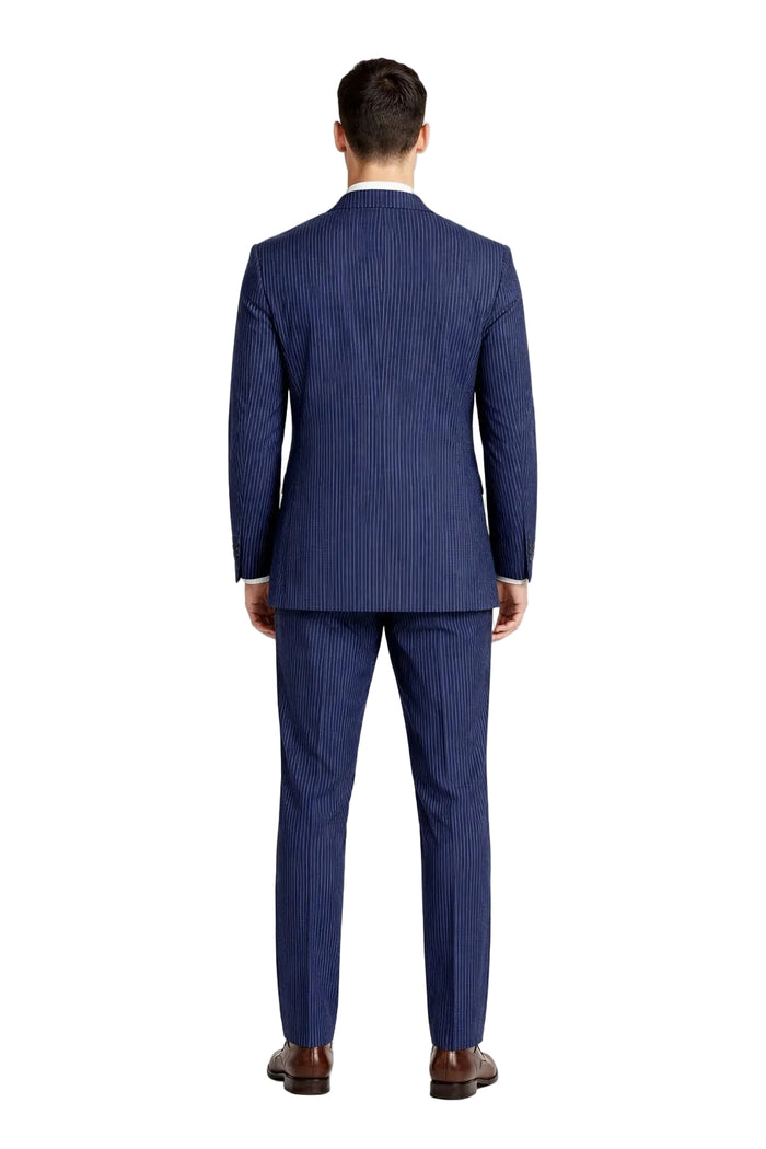 Modern Fit Summer 2 Piece 2 Button Suit Striped Seersucker in Navy